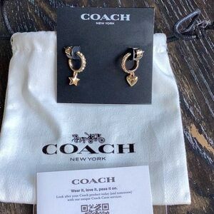 Coach Gold Toned Heart and Star Huggie Earrings NWT